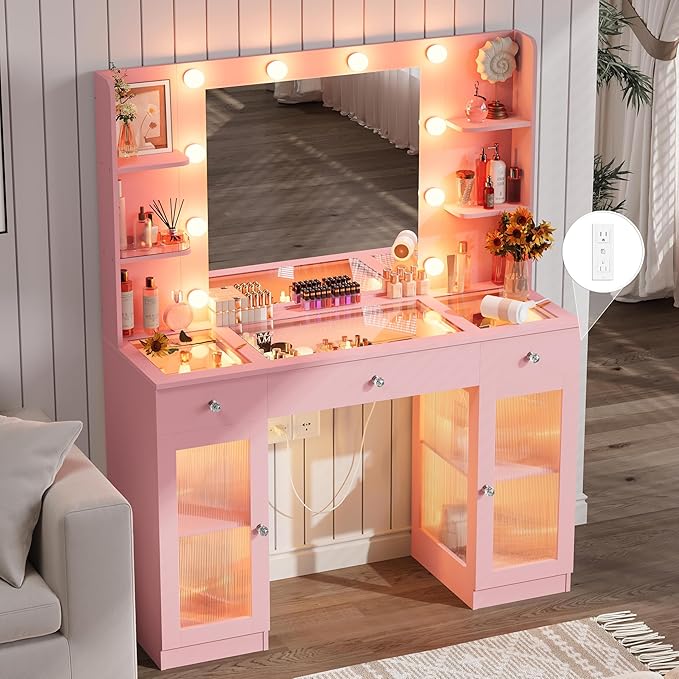 Makeup Vanity with Glass Top, Pink Vanity Desk with Mirror and Lights, Big Vanity with Drawers & Cabinets for Bedroom, Cute Vanity with Crystal Knobs & Power Outlet for Women, Girls