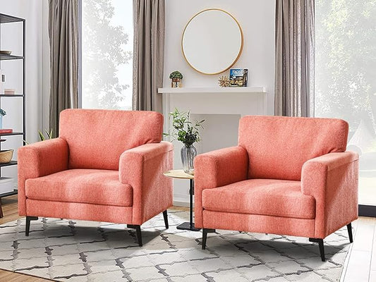 CDCASA Accent Chair, Linen Fabric Oversized Mid Century Modern Chair Set of 2, Comfy Upholstered Armchair Reading Accent Chairs Sofa Chairs for Bedroom Living Room, Coral Pink