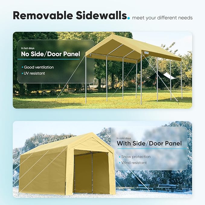 ADVANCE OUTDOOR 12x20 ft Heavy Duty Carport Garage Shelter, Adjustable Height (6.5-11ft) Waterproof Canopy with Removable Sidewalls for Cars, RV, Boat, Truck, Party - Beige