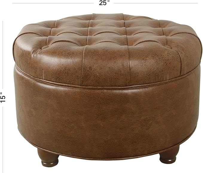 Homepop Home Decor | Button Tufted Faux Leather Round Storage Ottoman | Ottoman with Storage for Living Room & Bedroom (Brown)