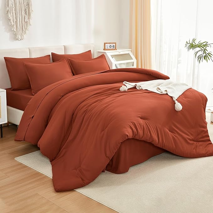 Litanika Oversized King Comforter Sets Burnt Orange - 7 Pieces Bed in a Bag Oversized King Bedding Comforter Sets, Solid Lightweight Bed Set with Comforter, Sheets, Pillowcases & Shams