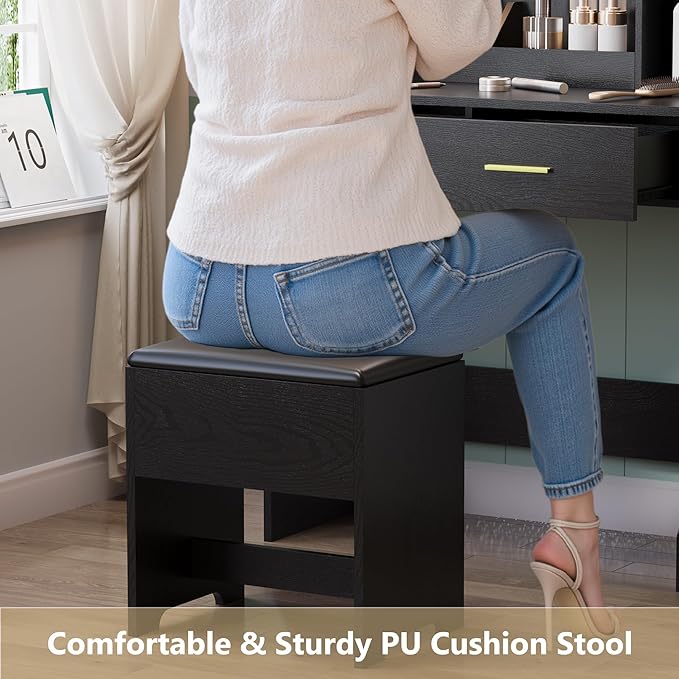 Black Vanity Mirror with Lights Desk and Chair, Small Makeup Vanity Set with Charging Station, Dressing Table with 2 Large Drawers, RGB Ambient Light, 3 Lighting Modes & Adjustable Brightness