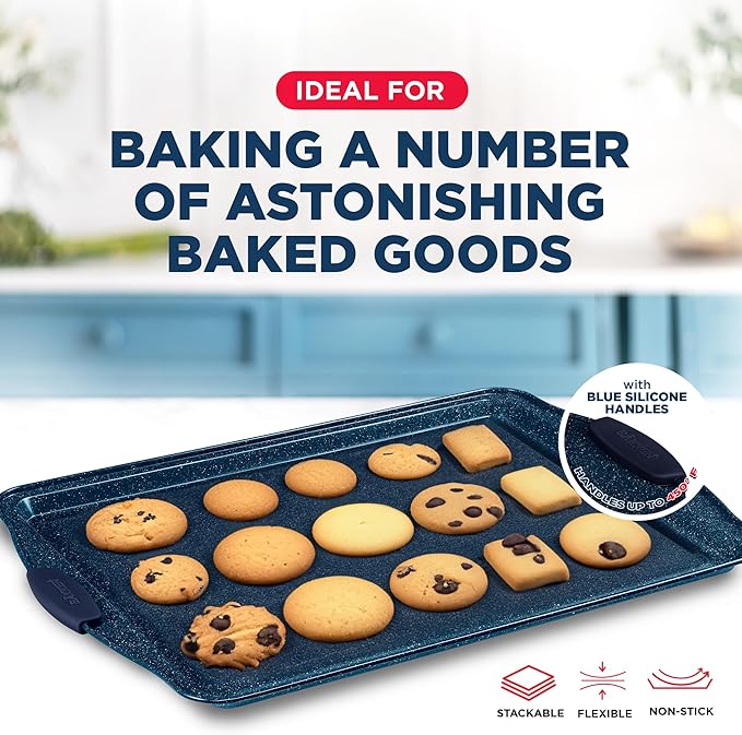 BAKKEN Kitchen Baking Pan Set - Nonstick Coating, Carbon Steel Bakeware Sets with Blue Silicone Handles, Baking Kitchen Essentials, PFOA, PFOS, PTFE Free, Oven Safe Tray (Up To 450° F), Set of 3