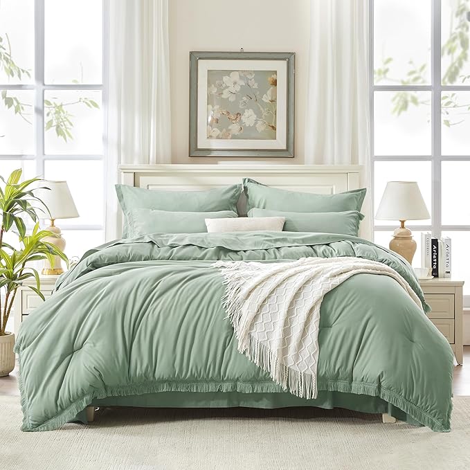 Andency California King Size Comforter Set with Sheets Sage Green - 7 Pieces Cal King Bed in a Bag Boho Bedding Sets, Sage Green Bed Set with Comforter, Sheets, Pillowcases & Shams