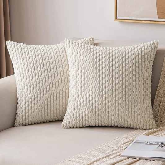 MIULEE Throw Pillow Covers Soft Corduroy Decorative Set of 2 Boho Striped Pillow Covers Pillowcases Farmhouse Home Decor for Spring Couch Bed Sofa Living Room 20x20 Inch Cream White