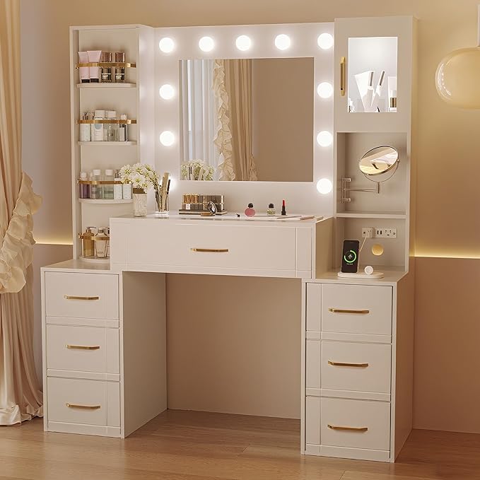 Makeup Vanity Desk with Mirror and Lights,Glass Top Dresser with Charging Station,Vanity Table with 7 Drawers and 10X Makeup Mirror,Rotating Open Storage Cabinet (White-10X Mirror, Large)