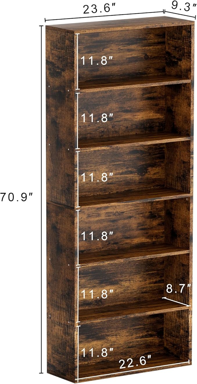 JAMFLY Narrow Tall Bookshelf 6 Shelf Bookcase Vertical Storage, Slim Profile Tall Narrow Storage Unit for Home Office, Living Room, Bedroom, Vintage Brown
