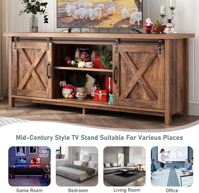 Farmhouse TV Stand for 55-65in TV with Adjustable Shelves & Sliding Barn Door - Rustic, Wooden Entertainment Center & Media Cabinet for Bedroom, Living Room (Dark Brown, 58in)