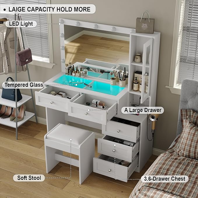 White 43" W Vanity Desk with Mirror & 11 Lights, 3 Drawer & 2 RGB Drawer Modern Makeup Desk with Glass top & Cushioned Stool, 3 Lighting Modes Brightness Adjustable,Power Outlet,Bedroom