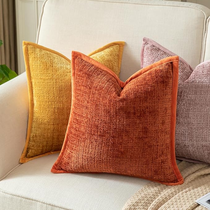 Yaertun Pack of 2 Chenille Textured Decorative Throw Pillow Covers Accent Solid Cushion Cover Soft Cozy Pillow Case with Velvet Back for Couch Sofa Bed Living Room 16x16 Inch Rust