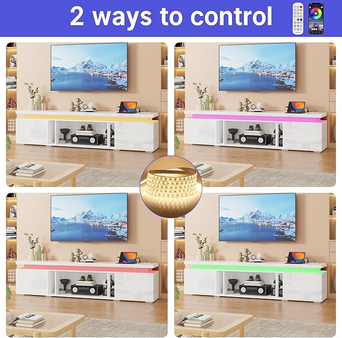 71Inch LED TV Stand for 80Inch TV, Modern TV Stand with Power Outlet, High Gloss TV Console Entertainment Center with Storage for Living Room (71 Inch, White)