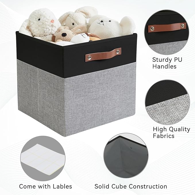 Collapsible Fabric Storage Cube Bins with 2 Reinforced PU Handles, Foldable Storage Organizer Baskets for Closet, Shelves, Living Room | 13"x13"x13", 4 Pack, Black & Gray