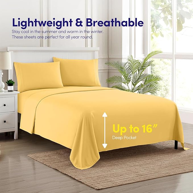 1500 Supreme Collection Extra Soft Split King Sheets Set, Yellow - Luxury Bed Sheets Set with Deep Pocket Wrinkle Free Bedding, Over 40 Colors, Split King Size, Yellow