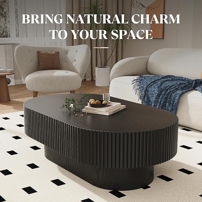 43.7” Oval Coffee Table, Modern Wood Fluted Coffee Table for Living Room, Veneer Handcrafted Relief Center Table with Sturdy Pedestal，Easy Assembly - Black