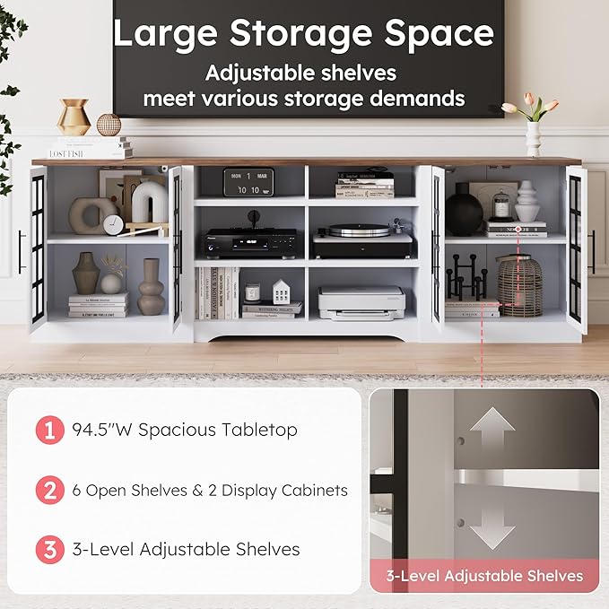 Farmhouse TV Stand for TVs up to 100", Modern Entertainment Center with 2 Cabinets and 3-Tier Open Shelves, Rustic TV Console for Living Room, Bedroom, White