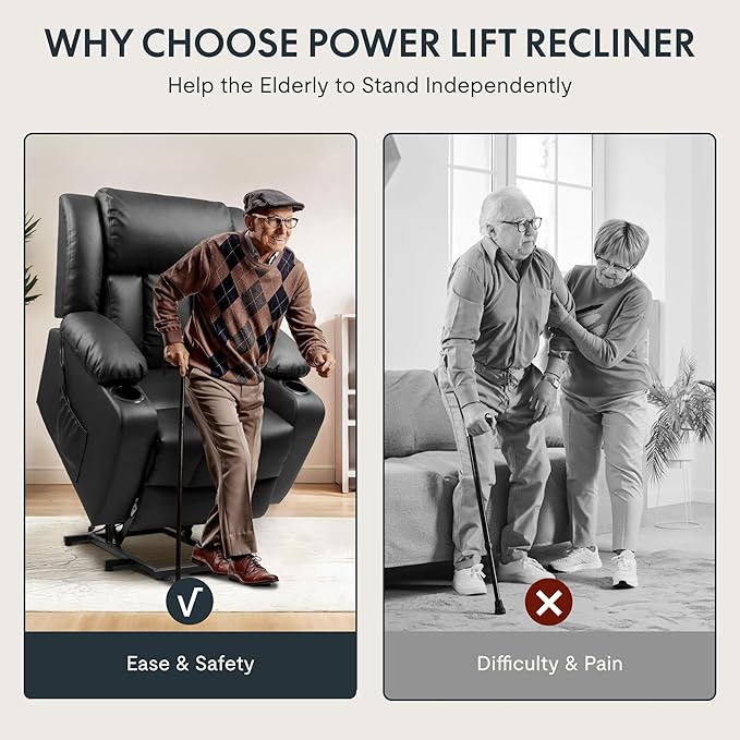 FLEXISPOT XL31 Power Lift Recliner Chair for Elderly, Electric Lift Chair with Massage & Heat, PU Leather Reclining Sofa w/Cup Holders, Side Pockets for Living Room Bedroom(Medium Size,Black)