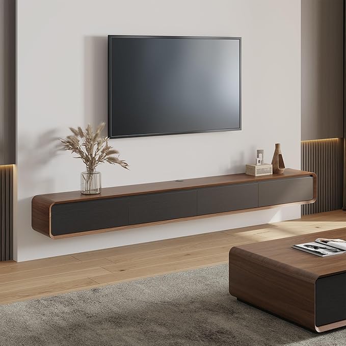 POVISON Fully-Assembled Minimalist Floating TV Stand, Modern Wall-Mounted Entertainment Center with 4 Flip-Down Cabinet Doors, Solid Wood Media Console, Walnut Veneer, 94"