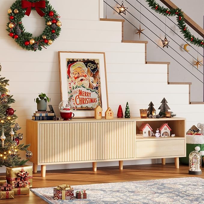 58" Mid Century Modern TV Stand for 32-65 inch TVs, Light Wood TV Console with with Fluted Doors and Drawer, Entertainment Center with Storage for Living Room, Oak