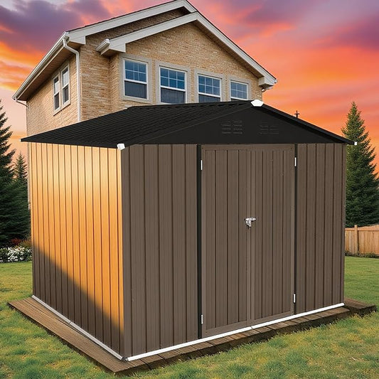 8 x 6 FT Outdoor Storage Metal Shed, Bike Garden Tool Shed with Slooping Roof, Lockable Doors and Aluminum Frames, Shed Easy to Assemble for Garden, Patio, Lawn, Brown