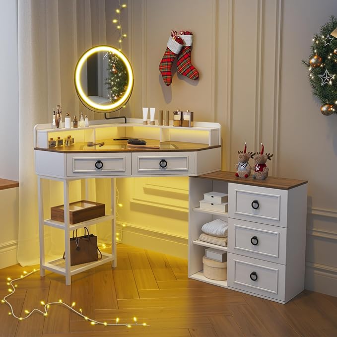 Corner Vanity Desk with Lighted Rotating Mirror and Lights, Glass Top Makeup Vanity with Corner Shelf&5 Drawers, Girls Vanitys with Charging Station,Jewelry Organizers for Bedroom,White