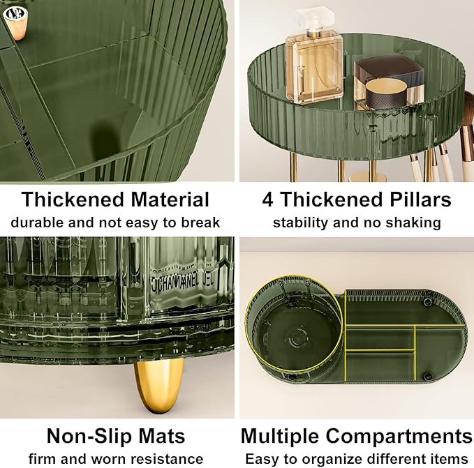 DASITON 360° Rotating Makeup Organizer for Vanity, 2 Tier Perfume Cosmetic Skincare Organizers with Makeup Brush Holder, Large Capacity Cosmetic Display Case for Bedroom Bathroom Countertop (Green)