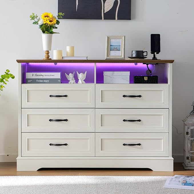Vintage White Dresser for Bedroom,6 Drawers Dresser with LED Light,Power Outlets and Open Shelves,Chests of Drawers for 65 inch TV, for Hallway, Entryway