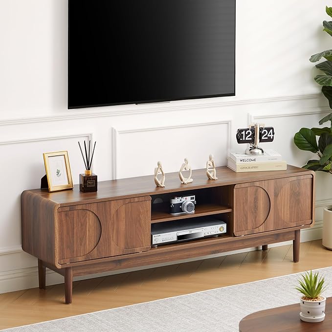 Mid-Century Wood TV Stand Cabinet for Television 55/60/65 Inch, 59" Long TV Console with Adjustable Storage Shelf and Arch Sliding Door, Media Center Cabinet for Living Room, Bedroom (Wanlnut)