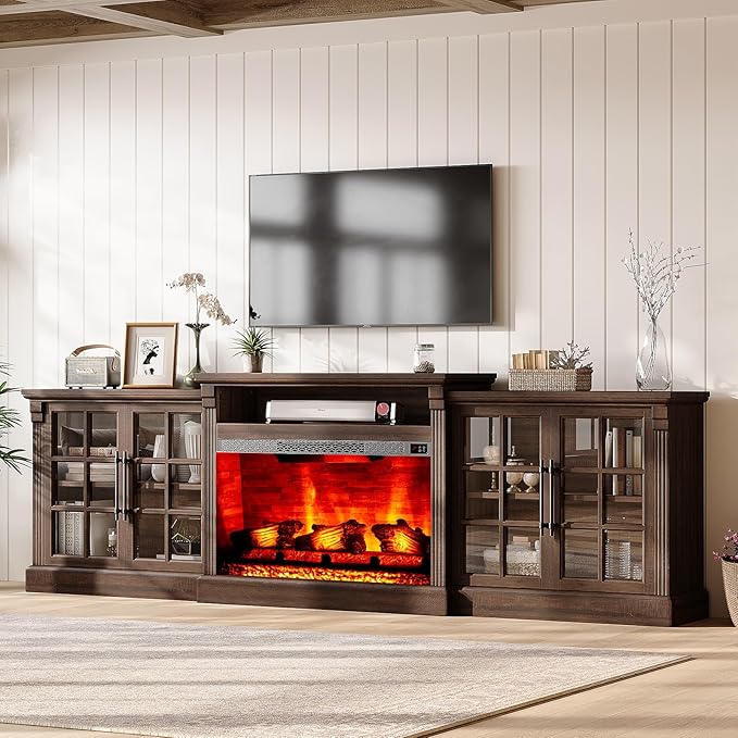 97" Farmhouse TV Stand with 33" Fireplace for TVs up to 100", Media Entertainment Center with Large Storage Cabinet and Adjustable Shelves for Living Room, Rustic Brown