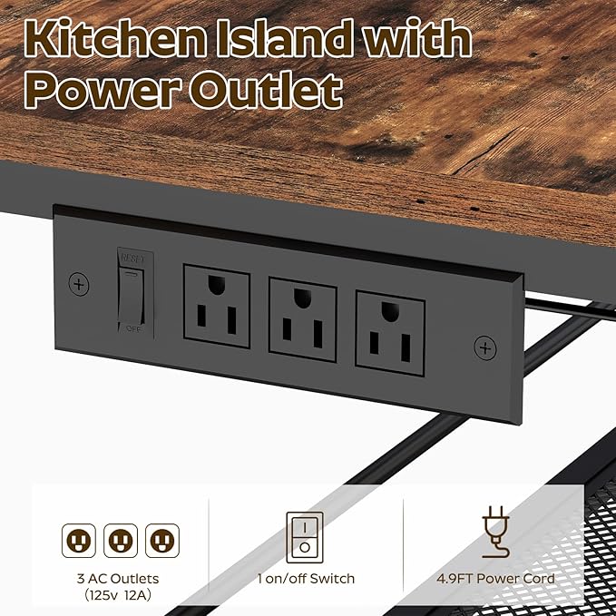 Kitchen Island with 3 Shelves, Kitchen Island with Power Outlet, Kitchens Storage Rack with 4 S Hooks, Microwave Stand Coffee Bar Station for Dining Room, Rustic Brown and Black KIHR92E01