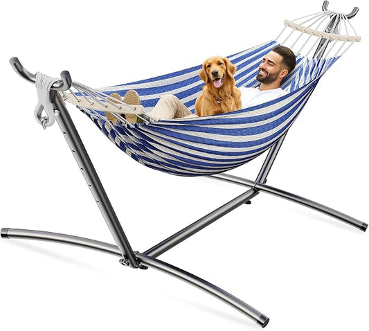 Double Hammock, Heavy Duty Portable, 500 lb Weight Capacity, Perfect for Both Indoors and Outdoors, 2 Person Hammock with Carrying Bag, Blue White
