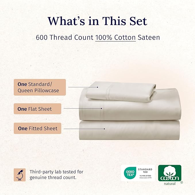 California Design Den Luxury Twin Sheet Set - 100% Cotton, 600 Thread Count Deep Pocket Twin Sheets, Soft Hotel-Quality Bedding with Sateen Weave - Creamy Beige