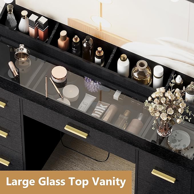 Makeup Vanity Desk with Mirror and Lights, Glass Top Vanity with 38" Lighted Mirror & Charging Station, Large Vanity Mirror with Lights Desk and Chair for Girls 3 Lightings Mode Adjusted, Black