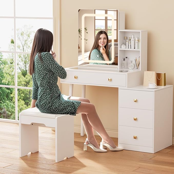 KAMABOKO Vanity Desk with Sliding Mirror and Lights, Makeup Vanity Table with 4 Drawers and Storage Rack, Glass Transparent Top Makeup Vanity with Stool for Bedroom (White)