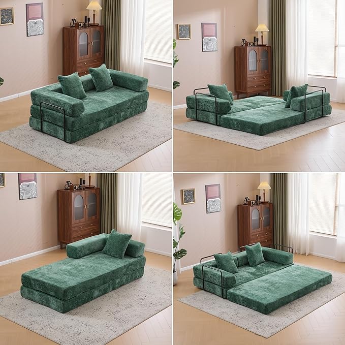 Convertible Sofa Bed, Compression Futon Sofa with Pillows & Armrest, Foldable Mattress Couch with Fixed-Shape Frame, Comfy Couch Lounge Sleeper Bed for Living Room Bedroom, Dark Green