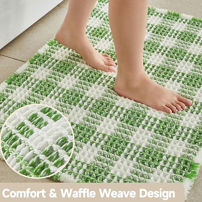 Waffle Runner Rug Bathroom, Long Boho Bathroom Rugs Non Slip Washable Absorbent Checkered Bathroom Mat Quick Dry Cute Bath Mat, 60"x24" Green and White