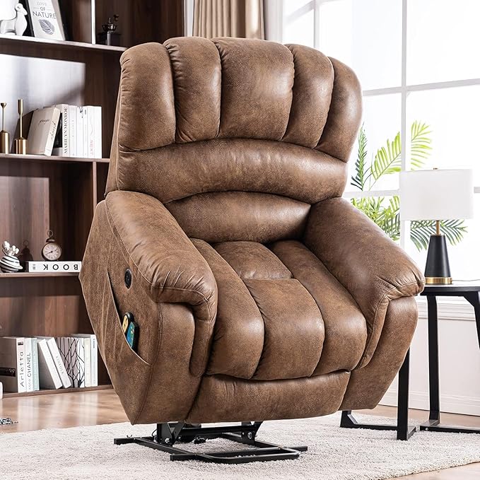 MEETWARM Tall Man Large Power Lift Electric Recliner Chair with Extended Footrest for Elderly, Overstuffed Wide Recliner with Heat & Massage, 2 Remote Controls, Side Pockets, USB Ports(Brown)