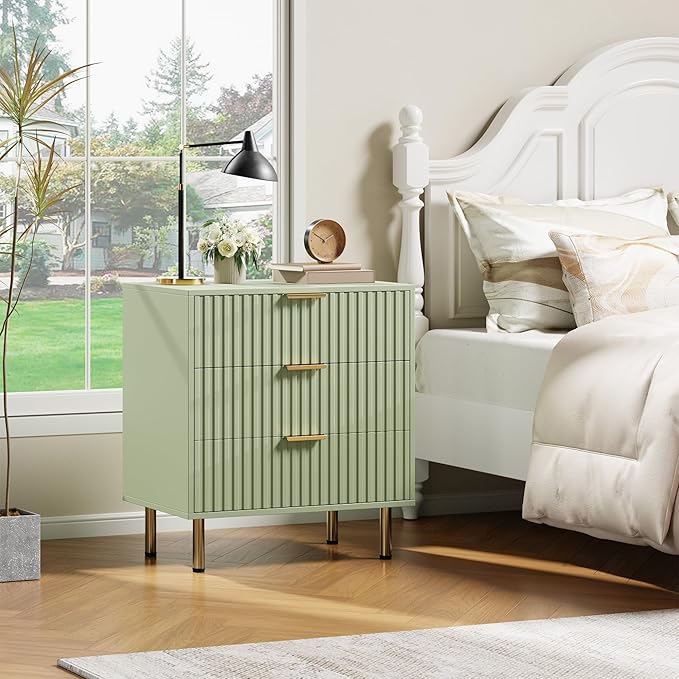 Green 3 Drawer Dresser for Bedroom, Fluted Modern Nightstand with Deep Drawers, Chest of Drawers with Wide Top, Wooden Dresser Organizer, Side Table for Living Room, Hallway, Kids Room