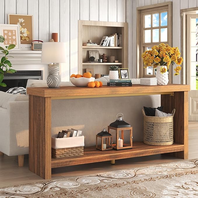 63 Inches Narrow Console Table, 2-Tier Long Sofa Tables Behind Couch Table, Farmhouse Foyer Tables for Entryway, Hallway, Living Room, Rustic Brown