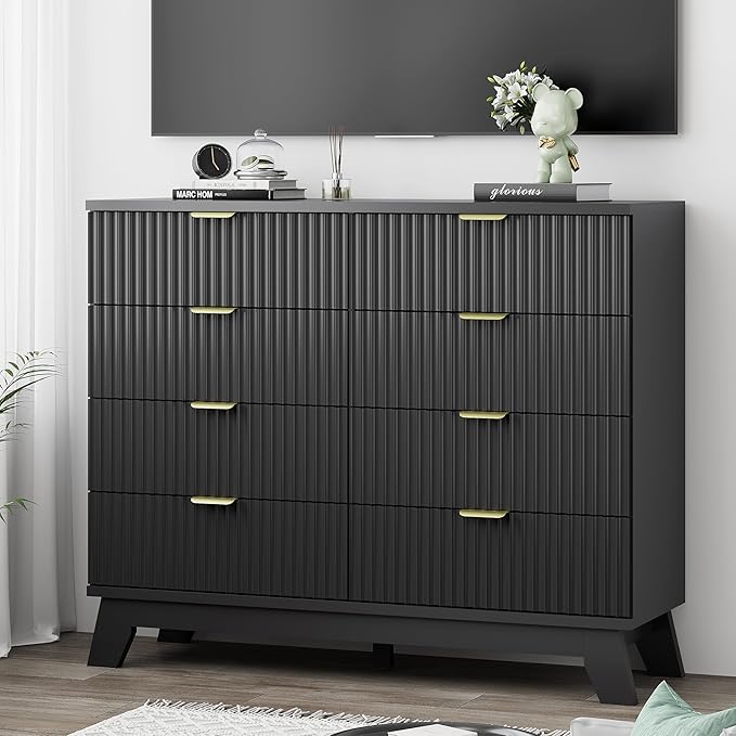 Fluted Dresser for Bedroom with 8 Drawers, 48" Wide Modern Chest of Drawers with Metal Handle, Wooden Dresser TV Stand, Wood Closet Clothes Storage Drawer Organizer for Living Room, Hallway, Black