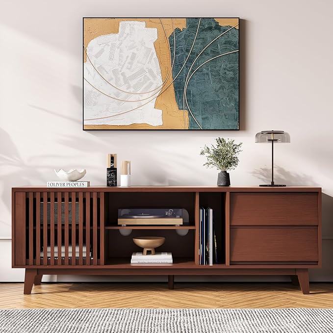 JOINCE,66" TV Stand for 60/65/75 inch tv, Mid Century Modern Entertainment Center/TV Stand and Media Console Table with Drawer and Shelf, Slatted Door TV Console for Living Room, Bedroom, Walnut
