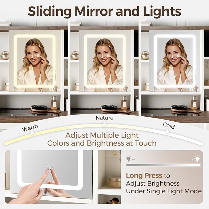 Farmhouse Makeup Vanity Desk with Sliding Mirror and Lights, Glass Desktop Makeup Vanity Desk with Charging Station, 3-Tier Hidden Slide-Out Vanity Shelves, Jewelry Storage Cabinet, 2 Drawers-White