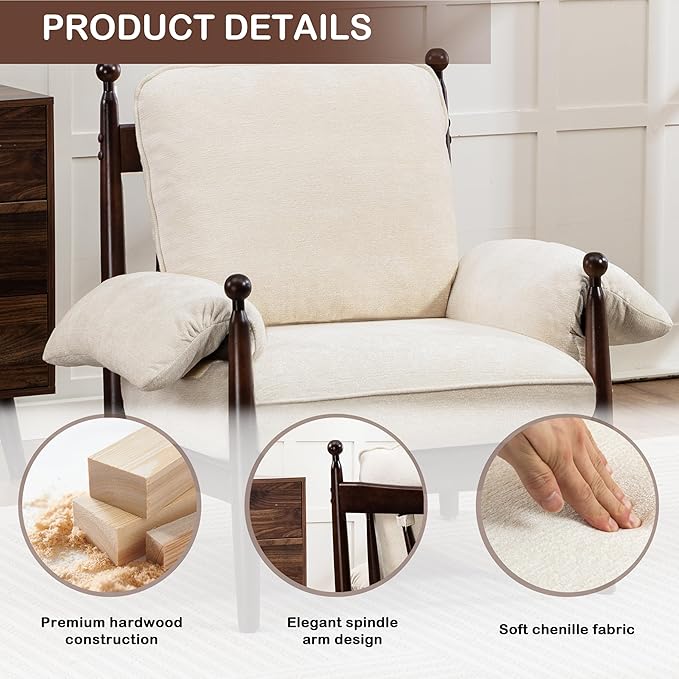 Mid Century Modern Accent Chair with Arms, Upholstered Spindle Chair with Wood Frame, High-Resilience Sponge Cushion for Living Room Bedroom Office