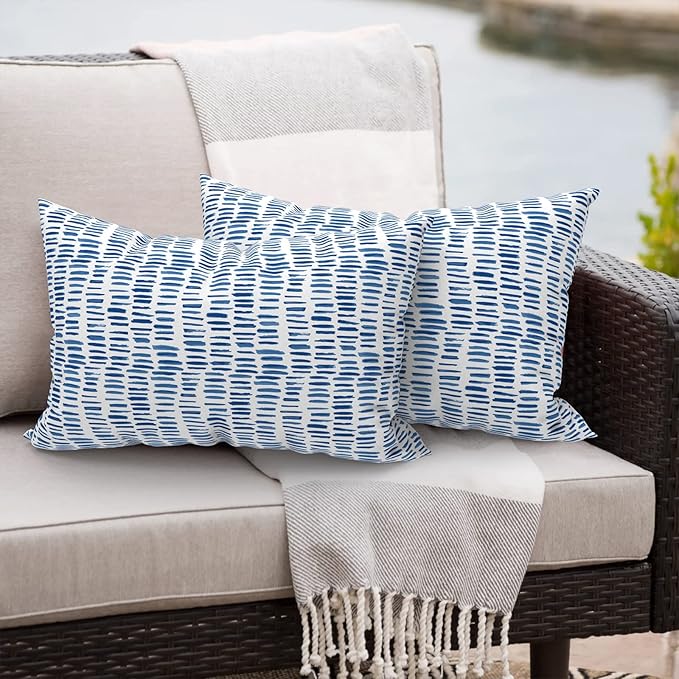 Outdoor/Indoor Lumbar Pillows, Water Repellent Cushion Pillows, 12x20 Inch, Outdoor Pillows with Inserts for Home Garden, Pack of 2, Pebble Blue