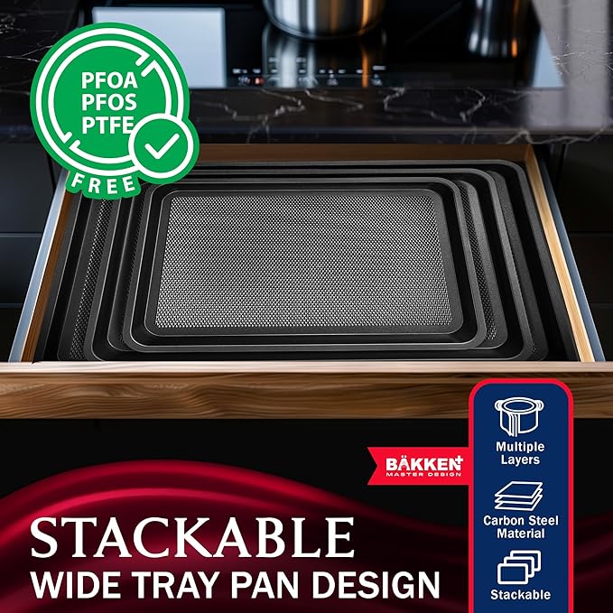 BAKKEN Kitchen Baking Pans - Small, Medium, and Large Cookie Pan (13.58×9.65, 15.75×11, 17.91×12.60), Nonstick, Diamond Texture Bottom, PFOA, PFOS, PTFE Free, Oven Safe Tray (450°F), Pack of 3, Gray