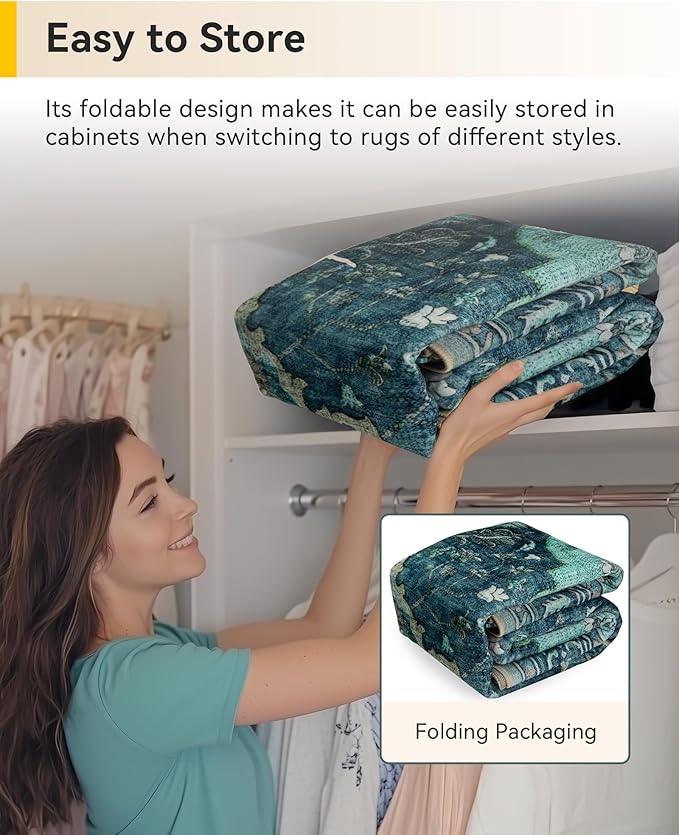 Area Rugs 10'x14' Washable Non-Slip, Floral Vintage Distress Print Pattern Medallion Carpet for Living Room Bedroom Dining Room, Teal Green Lake Blue Turquoise