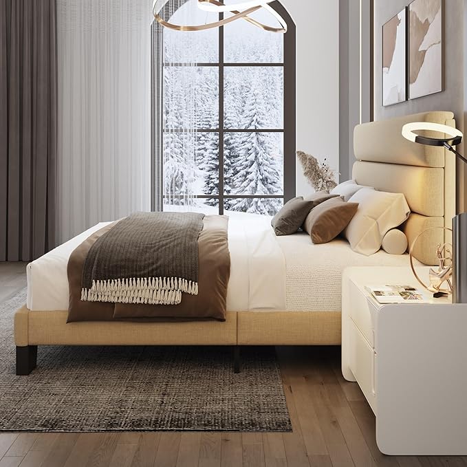 WEEWAY Full Size Bed Frame Platform Bed with Linen Fabric Upholstered Headboard and Wooden Slats Support, Heavy Duty Mattress Foundation, No Box Spring Needed, Easy Assembly, Beige