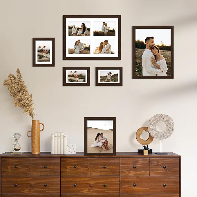 Solid Oak Wood Frame - 11x14 Walnut Wooden Picture Frames with Real Tempered Glass,5 Opening 4x6 with Mat or 11x14 Without Mat for Wall Decor Art Photo(Color Walnut)