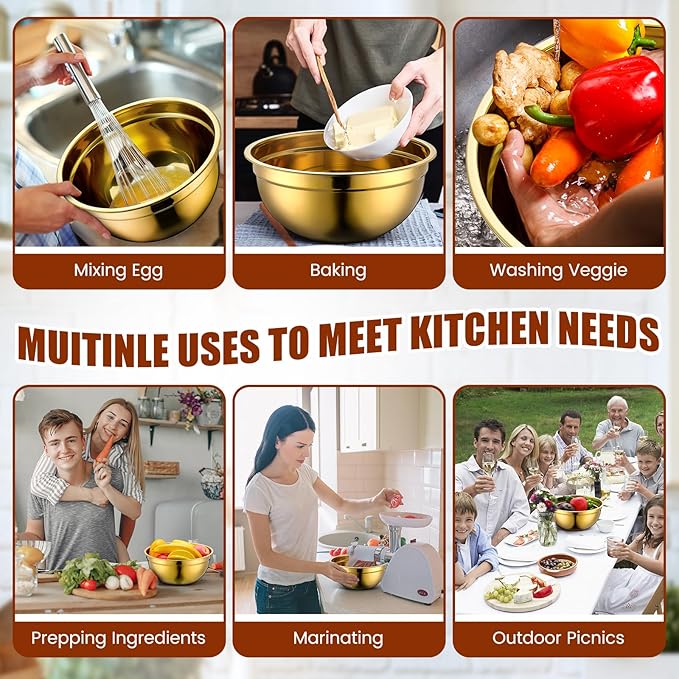 7 Pack Gold Mixing Bowls with Airtight Lids Stainless Steel Mixing Bowl, Metal Nesting Organizers and Stainless Steel Colander Set for Baking Serving Food (0.8,1,1.5,2.0,2.5,4.0 Qt)