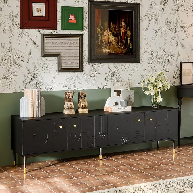 78.7'' W TV Table Stand with Storage, Mid-Century Modren Under TV Cabinet with 4 Doors, Farmhouse Entertainment Media Center with Storage for Living Room, Entryway, Office Furniture, Black