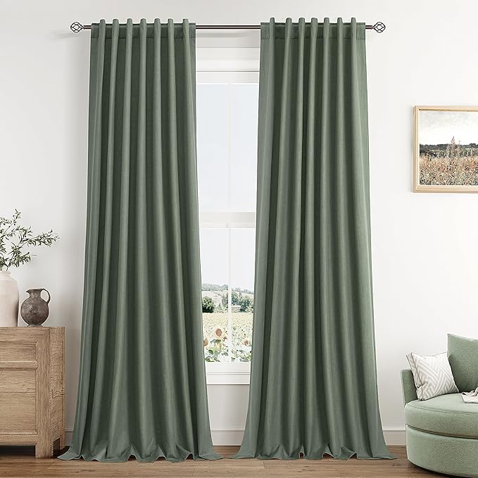 Guken Olive Green Blackout Curtains 120 Inch Length 2 Panels Set for Living Room Bedroom Back Tab Thermal Insulated 100% Black Out Linen Drapes Room Darkening Window Curtains 120 Inches Long